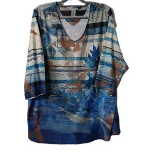 Catherines Womens Tunic Top Size 2X Blue White Striped Leaves 3/4 Sleeve Beaded